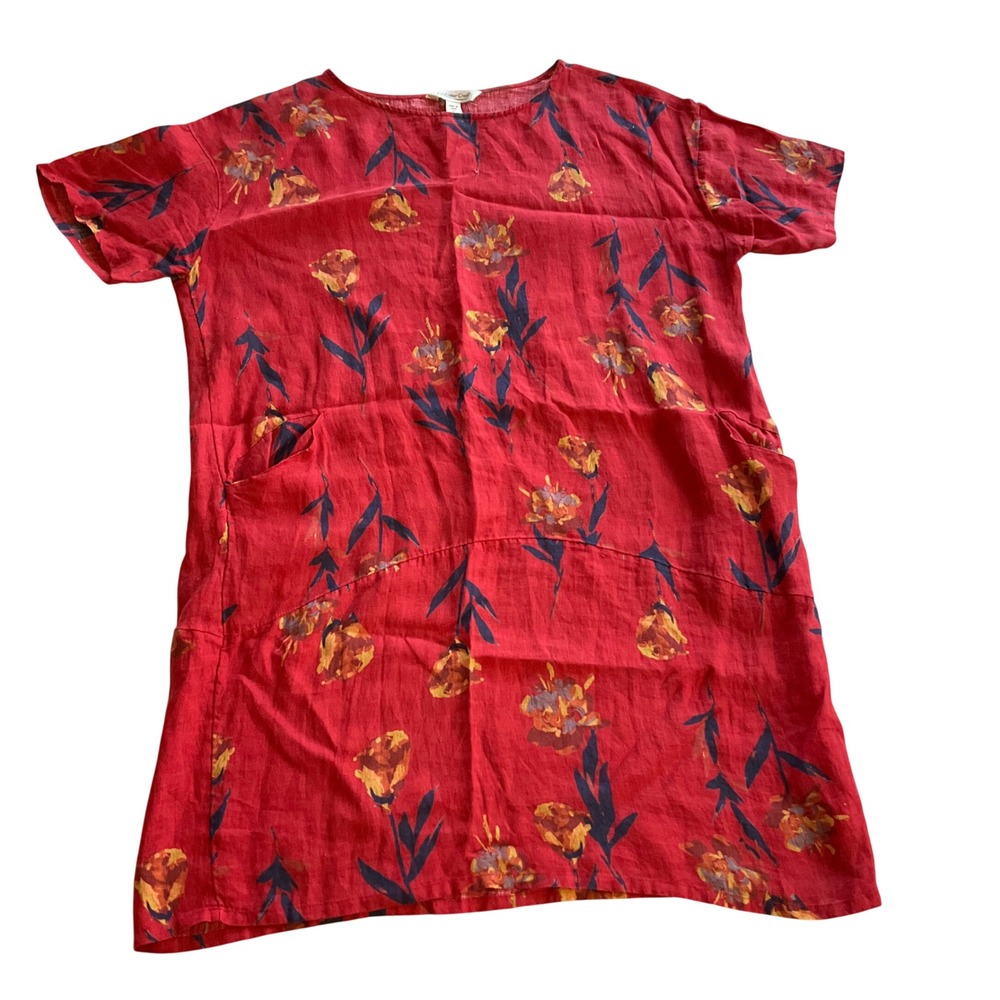 Coldwater Creek Linen Floral Dress Red Yellow Blue Size L‎ Short Sleeve Pockets